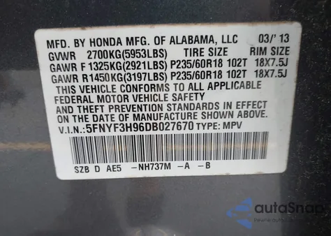 2013 Honda Pilot Touring z USA, uszkodzony, nr VIN 5FNYF3H96DB027670